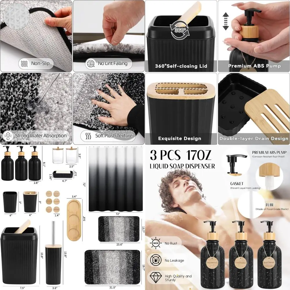 

Complete 32-Piece Black Bathroom Set: Shower Curtain, Rugs, and Trash Can