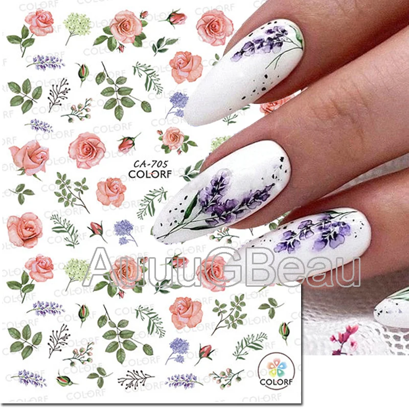 3d Nail Art Decals Purple Pink Dry Botanical Flowers Adhesive Sliders Nail Stickers For Nail Tips Decoration