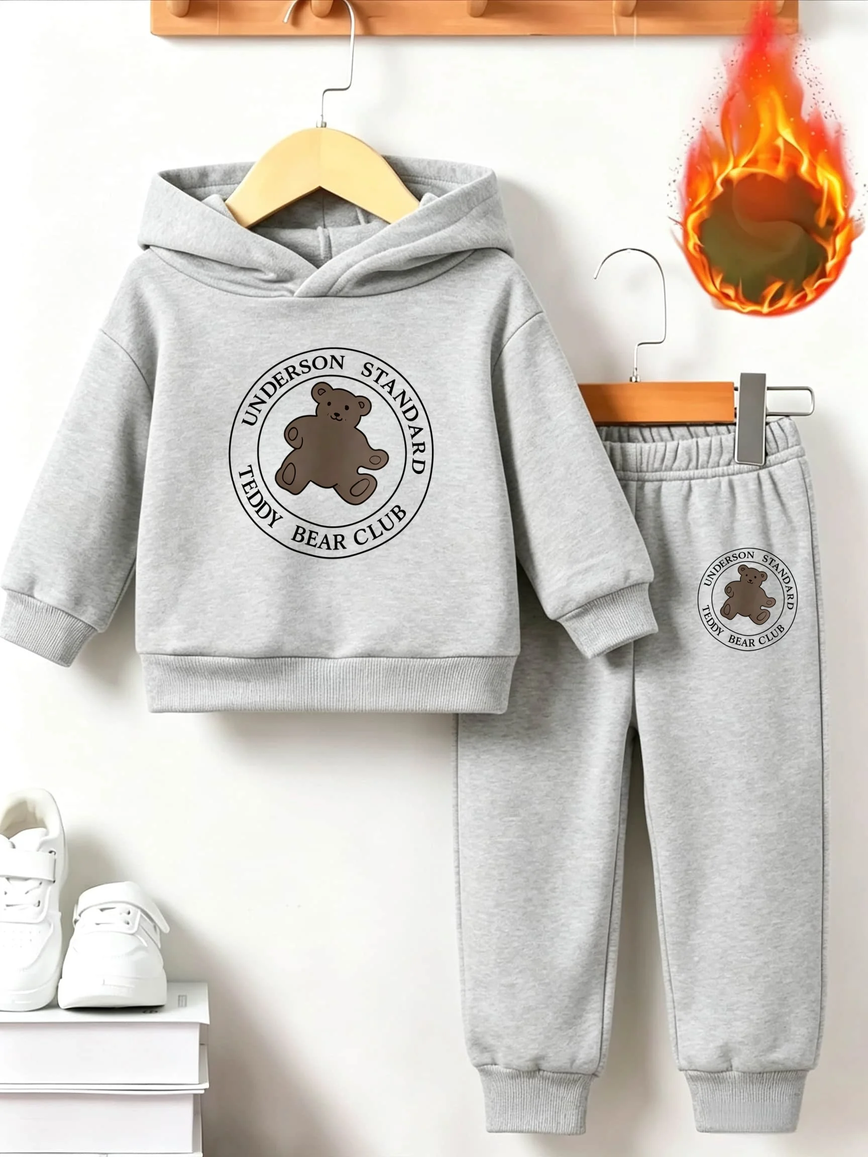 Klassisches warmes Sportoutfit für Kinder mit Bären-Print und Anime-Print für Herbst/Winter - Langarm-Hoodie-Set – Detail 3