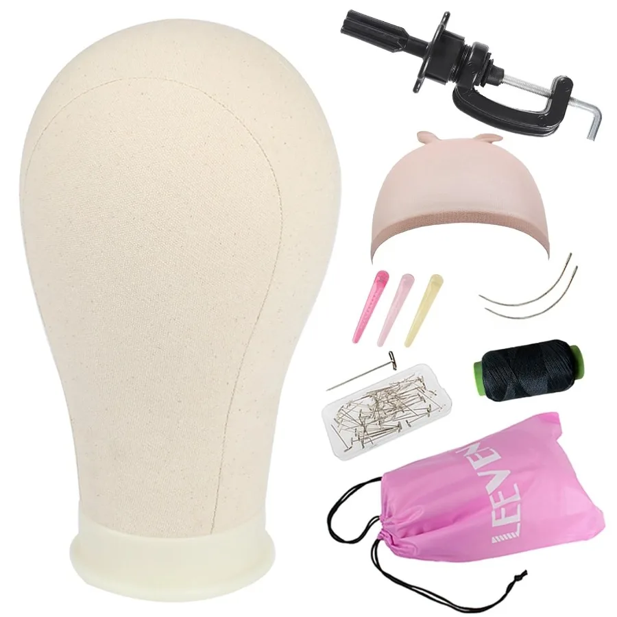 

Leeven 2124 Poly Canvas Block Head Professional Mannequin with Table Clamp Stand for Making Drying and Styling Wigs 22 Inch Ide