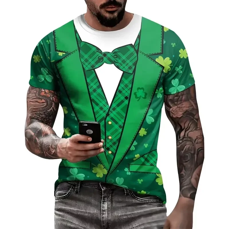3D Digital Print Eciodci Mens St Patricks Day T Shirt 2026 Shamrock Tuxedo Tee Clover Leaves Casual Short Sleeve Top Novelty