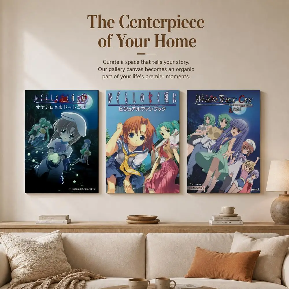 H-Higurashi W-When They Cry Framed Wall Painting Wood Canvas Poster For Living Room Bedroom Hallway Office Home Decor Gift