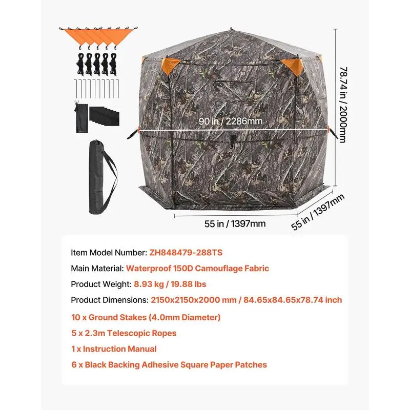 Hunting Blind 6-7 Person For Turkey Deer Hunting, Portable Camouflage Tent, Durable Concealed Shelter, Silent Zipper Door Window, 288 Degree 5 Side See-Through Ground Blinds with Carrying Bag view 2