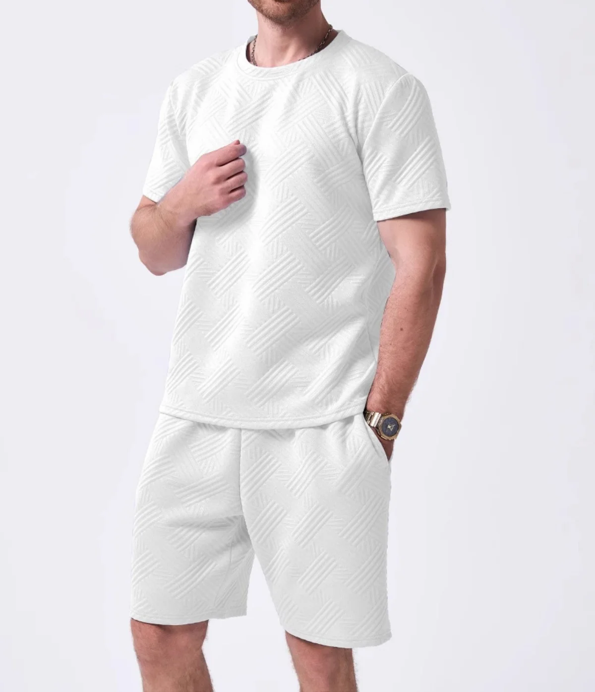 Men's Summer Casual Round-Neck T-Shirt Shorts Set Fashionable Knitted Jacquard Solid-Color Sportswear Short-Sleeved Outfit