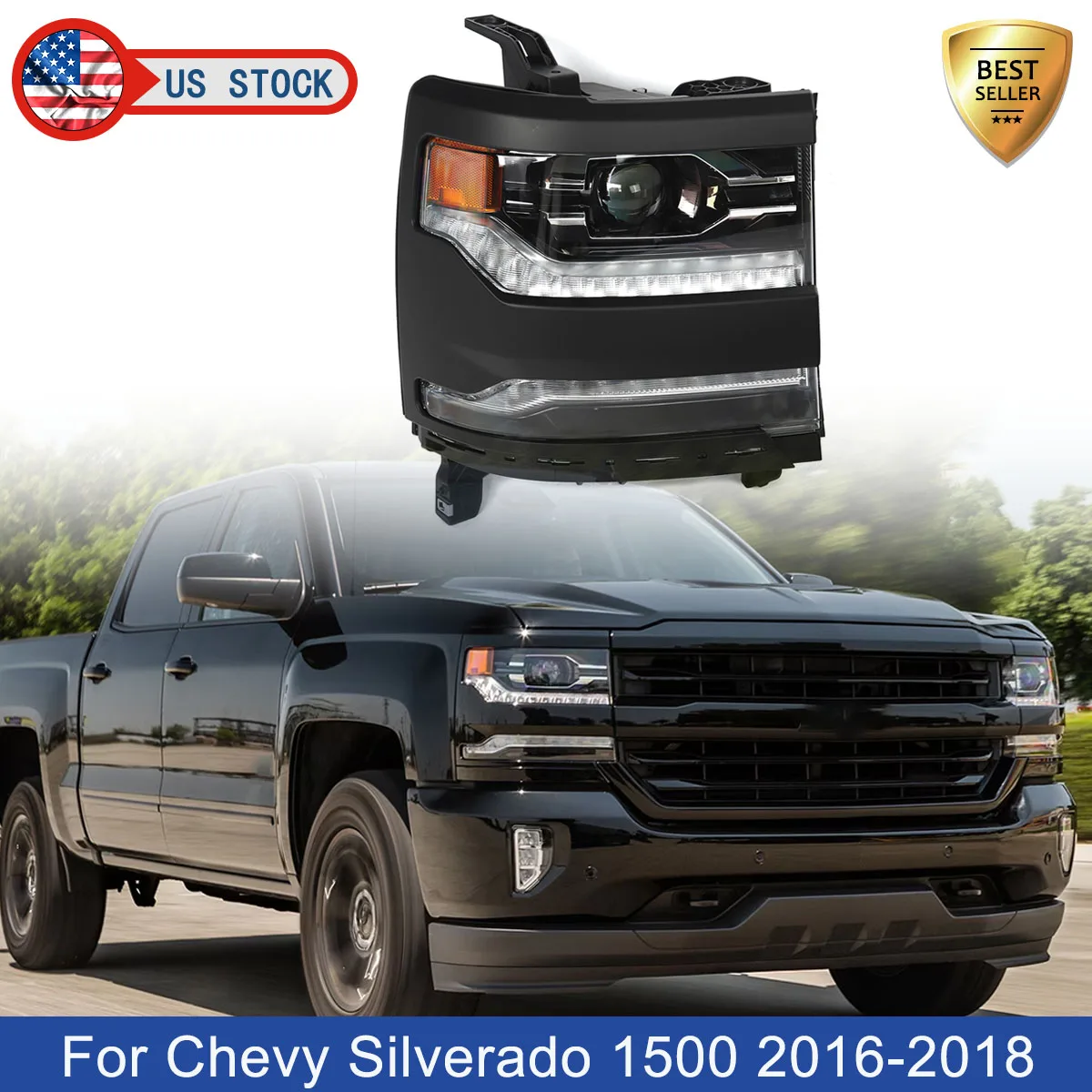 

For Chevrolet Silverado 1500 FRONT HEADLIGHT 4-door 2016 2017 2018 2019 FULL LED Projector Headlights DRL Direct Replacement