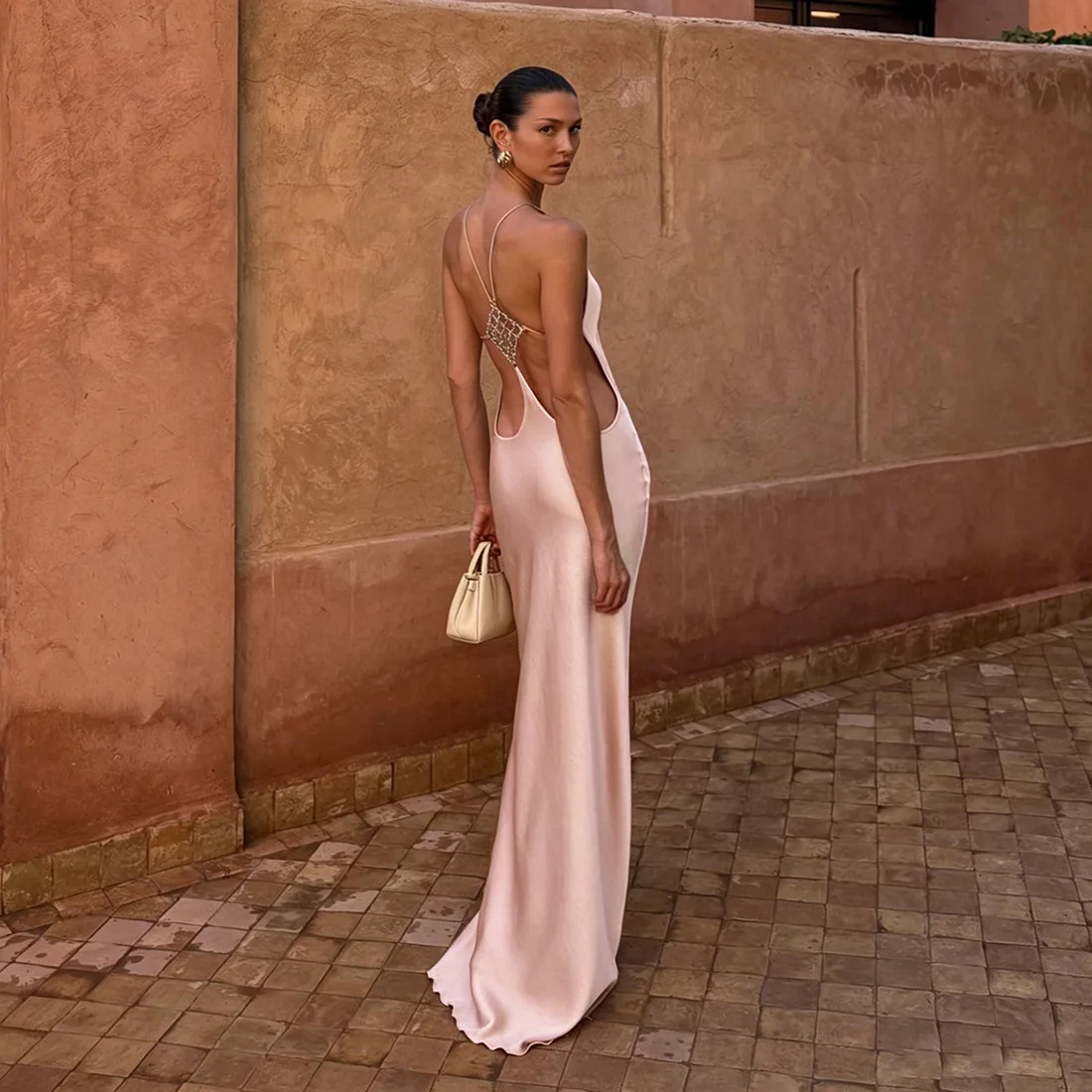 Cryptographic Vacation Women's Casual Dresses Sexy Socialite Style Long Dress Rhinestone Decor Slim Solid Backless Women's Gowns view 6
