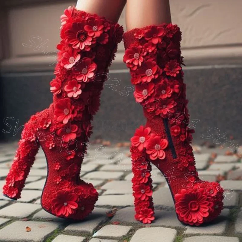 화이트 아플리케 레드 라운드 토 플랫폼 부츠 사이드 지퍼 여성 신발 청키 하이힐 파티 연회 2025 여성용 신발