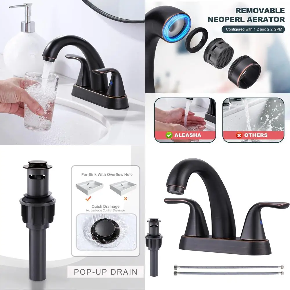 

4 Oil-Rubbed Bronze Centerset Sink Faucet with 2 Handles and Pop-Up Drain for RV Bathroom Vanity