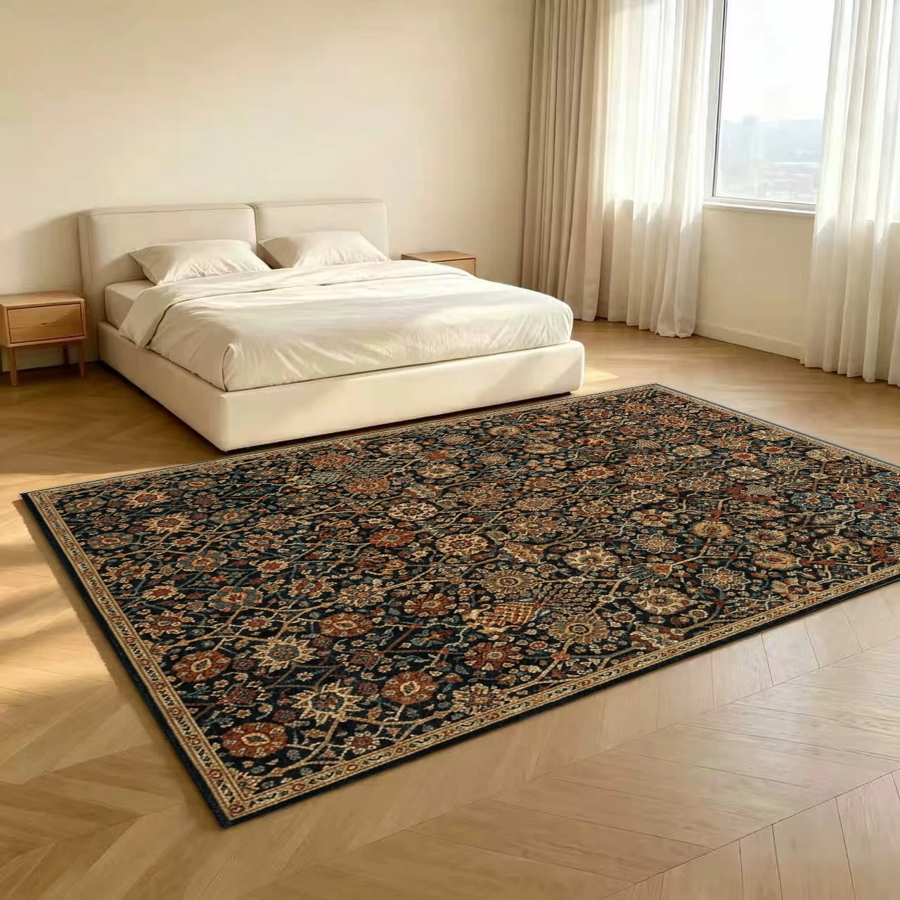 Antique Oriental Floral Pattern Carpet Dark Blue Multicolor Non-Slip Carpet Floor Mat Suitable for Living Room Bedroom Home Decoration