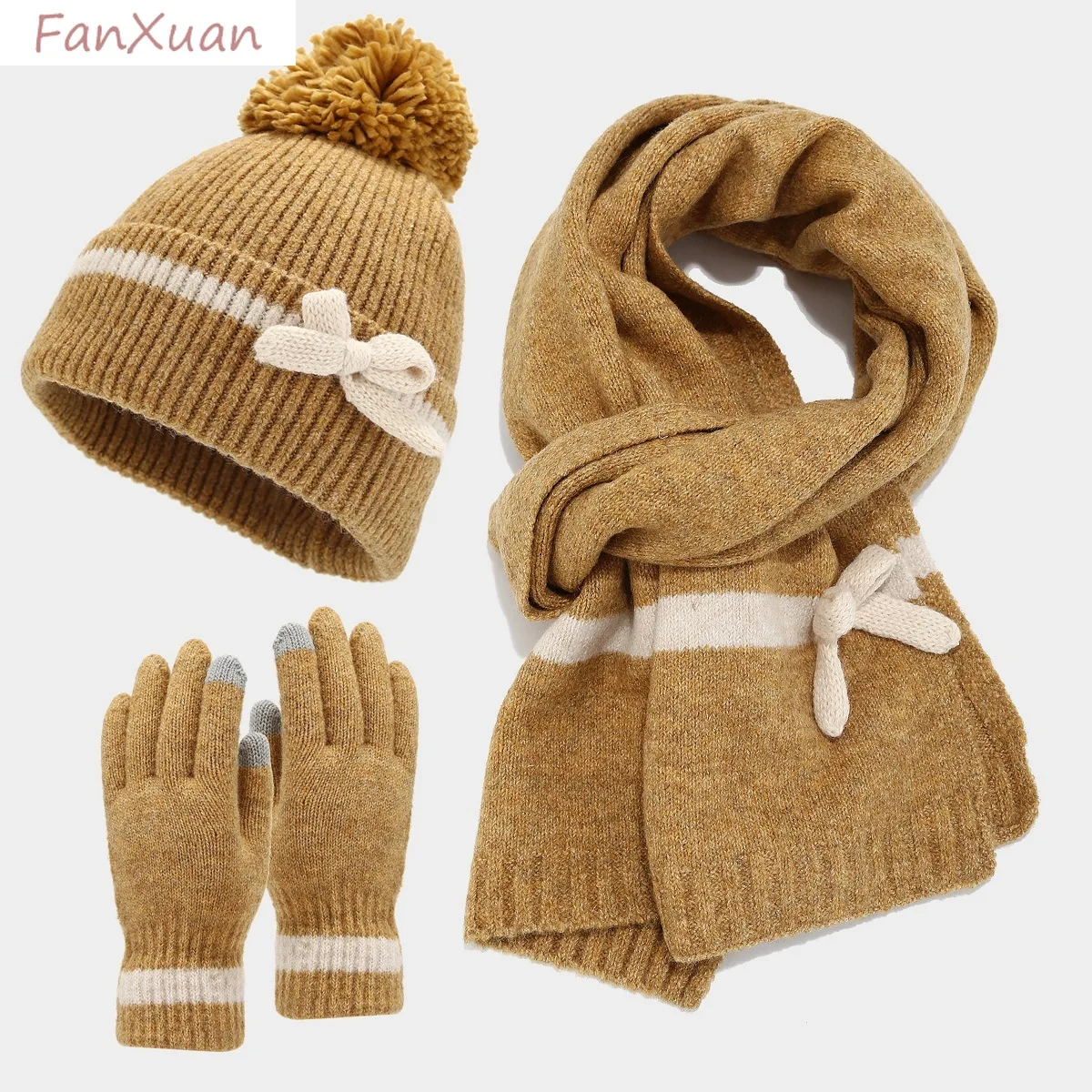 

Set 3pcs Women Winter Beanie Hat Gloves Long Scarf Skull Caps Scarves Winter Cap Gloves Set Cute Bowknot