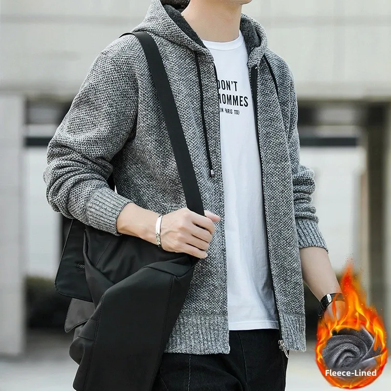 

Fce Lined Hooded Knit Cardigan Jaet Men's Winter Casual Faion Outerwear Long Sve Zipper Closure Color