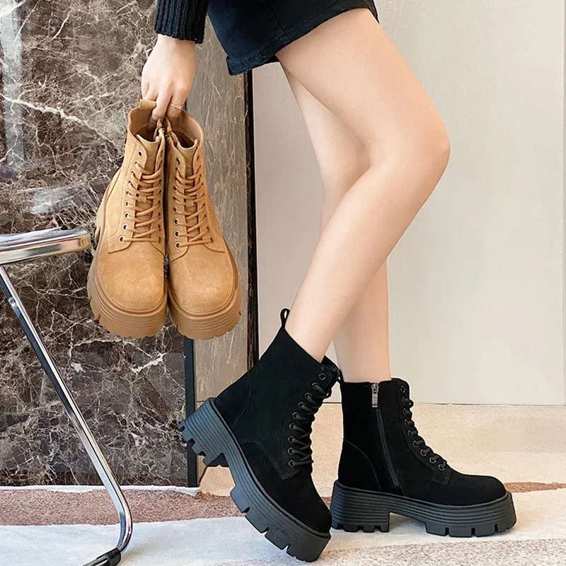 JOZHAMTA Size 34-41 Women Ankle Boots Suede Thick High Heels Winter Shoes For Women Lace-Up 2025 Fashion Zipper Platform Boots