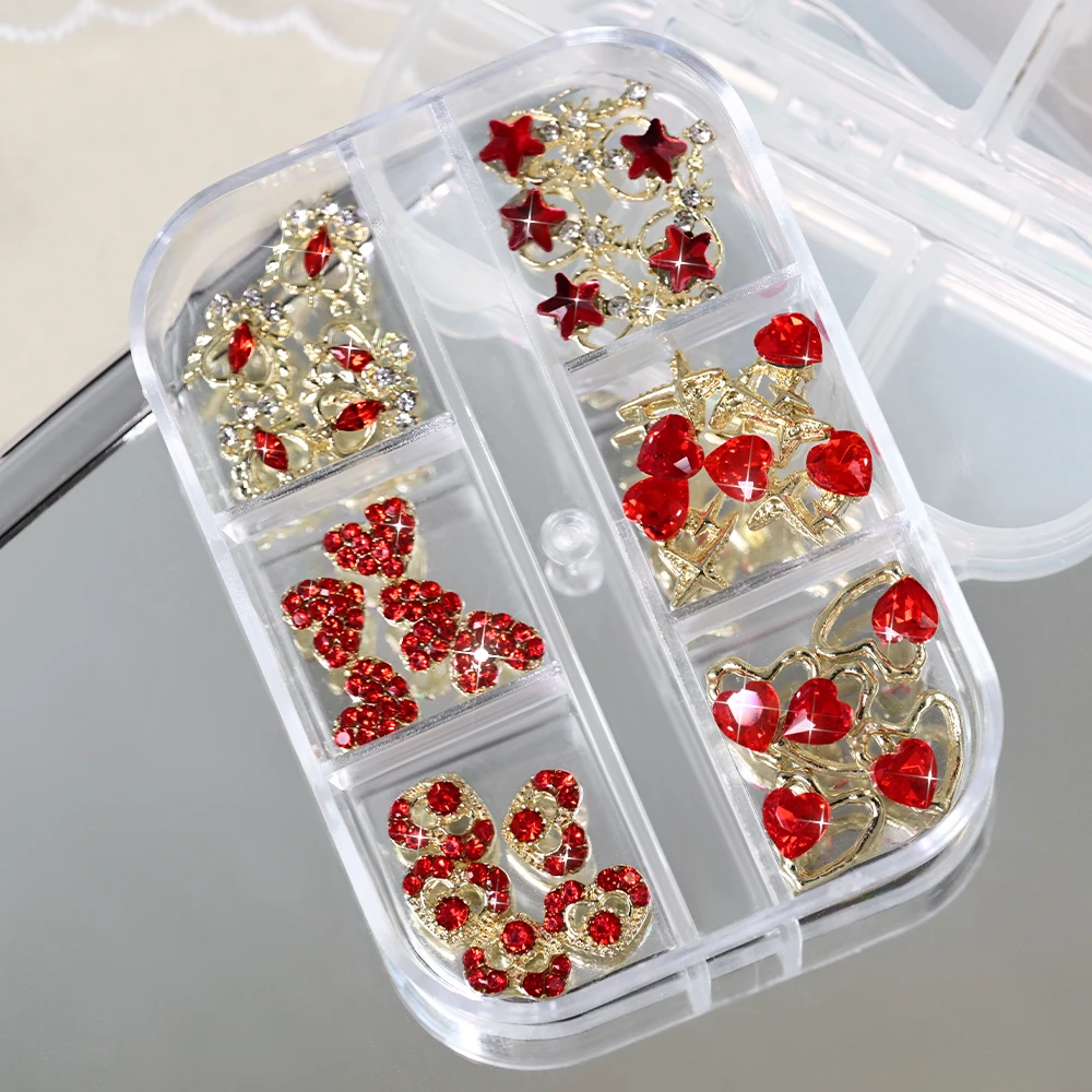 30Pcs/set Boxed Red Star Diamond Nail Charms Golden Hollowed-Out Alloy Nail Art Decoration Red Diamond Love Heart Nail Jewelry