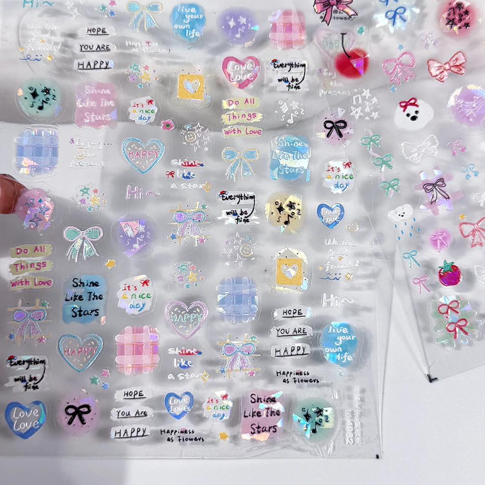 

5D Cute Bow Ins English Letter Nail Art Sticker Colored Collage Text Dyeing Apple Kawaii Puppy Nail Slider Star Love Nail Decals