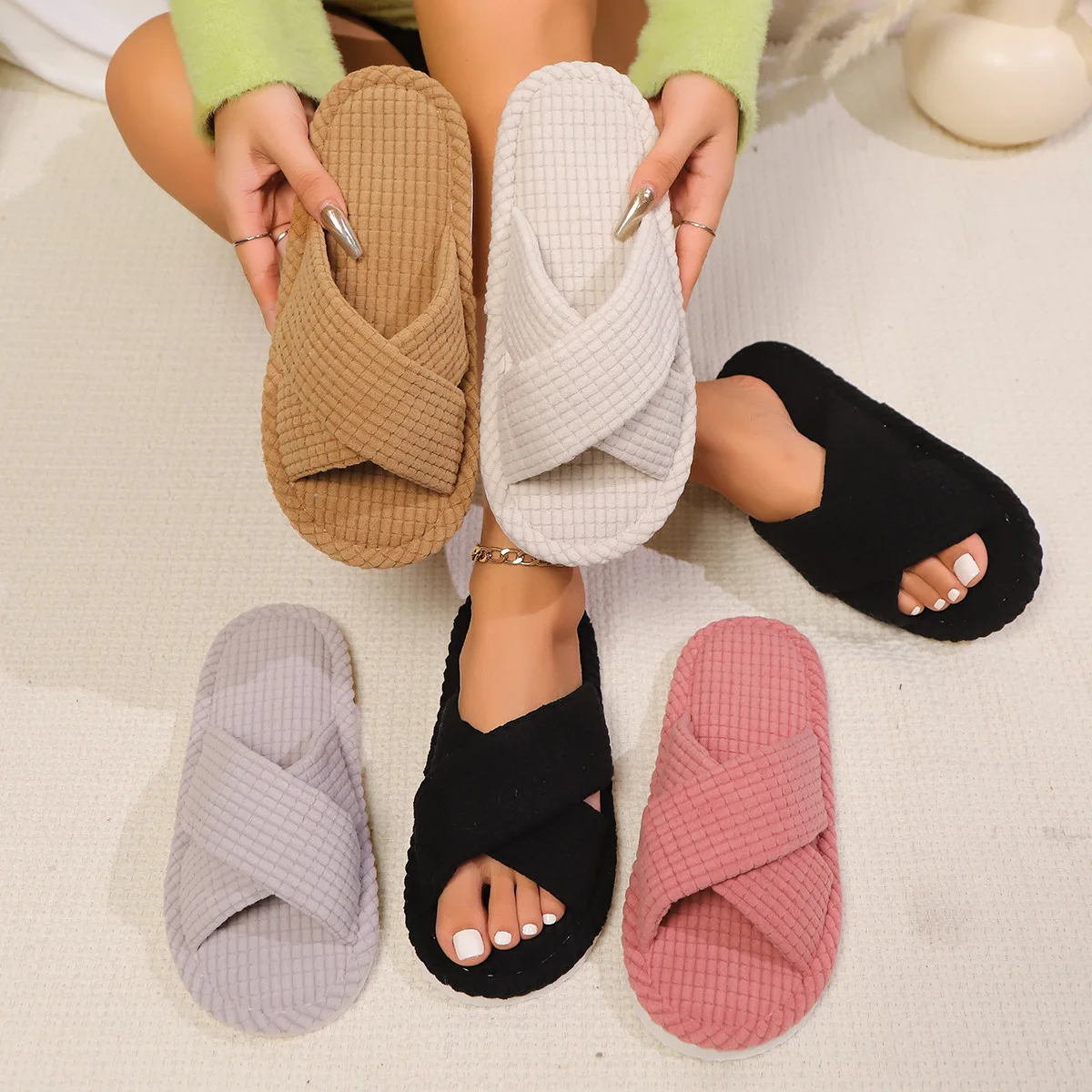 Women's Cross-Band Waffle Open Toe Slippers, Breathable Lightweight Soft Sole Non-Slip Quiet All-Season Indoor House Slippers