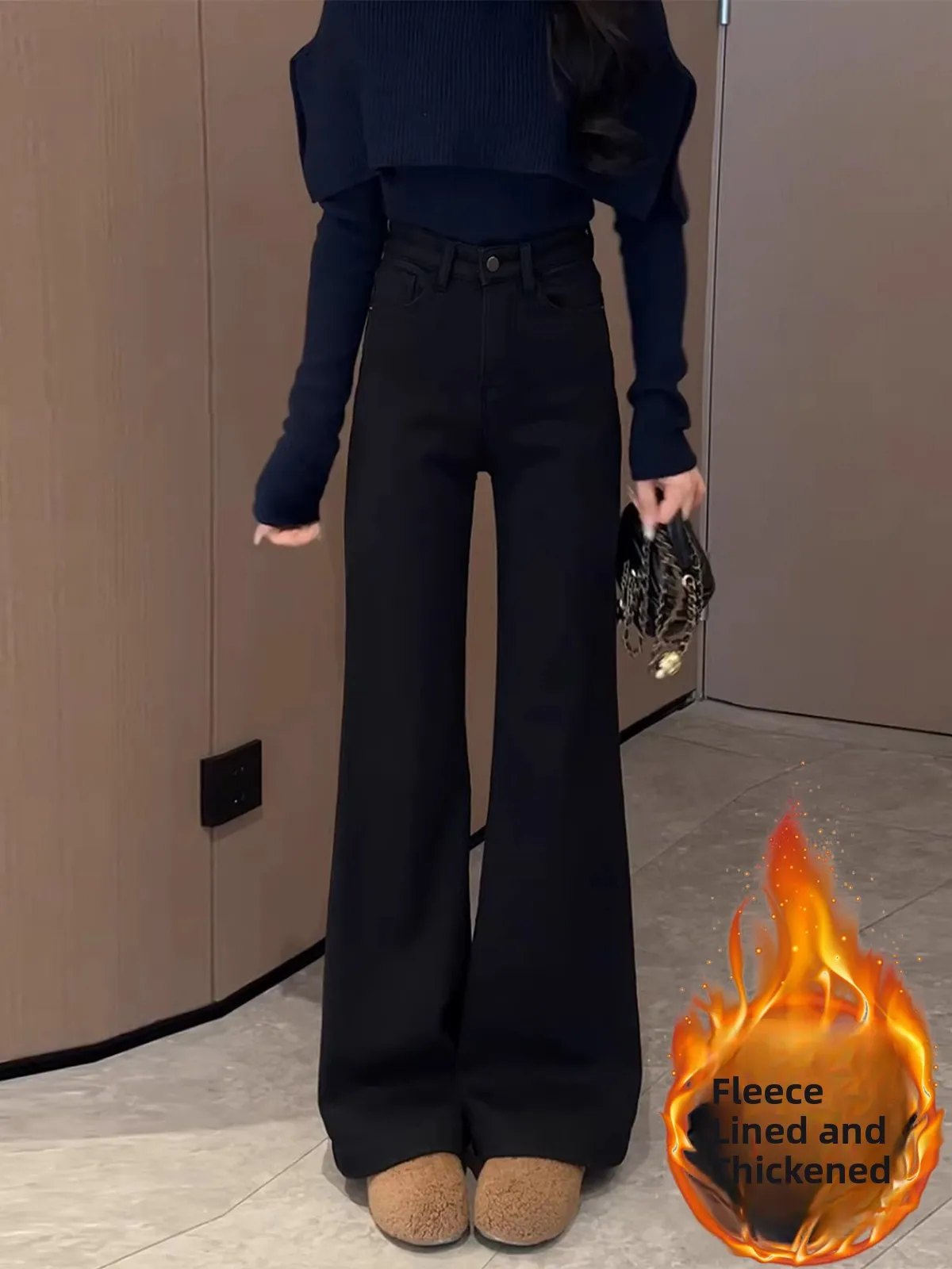 

Джинсы женские с высокой талией, расклешенные, на подкладке, весенние, новые, облегающие, прямые, в пол, повседневные, с высокой талией