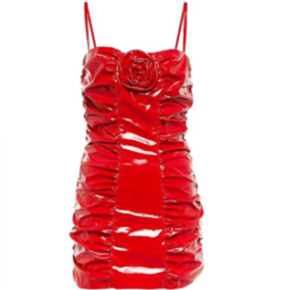 Red bright lacquered pu leather flower halter dress pleated slim dress Sling Flower slim dress women