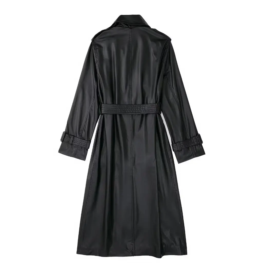 Trench coat longo de couro sintético preto feminino estilo europeu americano ins menina quente outono cintura legal apertado jaqueta de manga longa