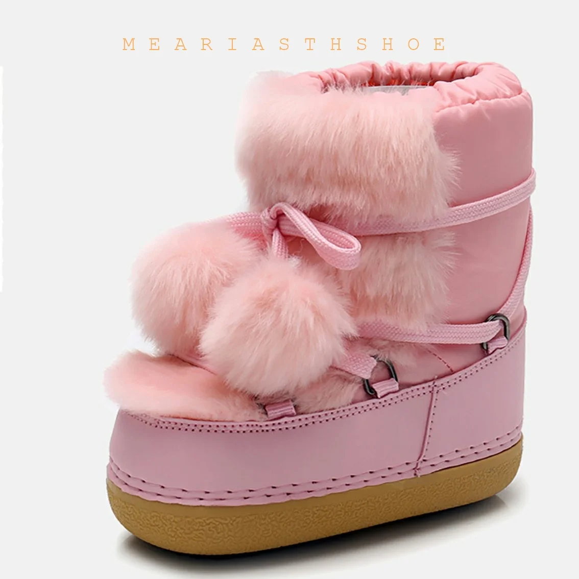

pink Winter Mid-calf Boots Women Snow Boots Lace-Up Warm Thick Bottom Platform Flat Fur Shoes Cotton Plush Ski Boots Size 35-42