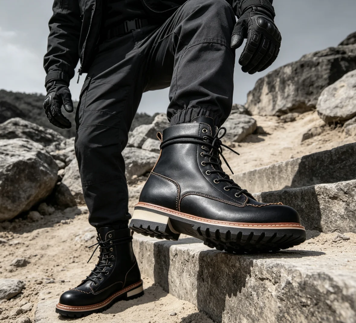 P0001 Work Boots for MenCombat Boots Street Style Outdoor  Vintage Non-Slip Thick Sole  Retro  Male Fashion