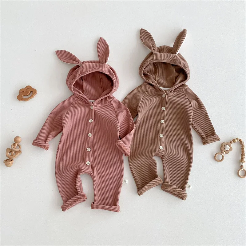 2024 Baby Solid Color Bodysuit Autumn Children Hooded Button Hoodie New Boys Girls Fashion Casual Clothes 4M-2 Years Old