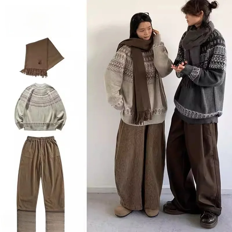 Lazy Couple Knitted Sweater Set Men's Women's Two-Piece Autumn Long Sleeve Long Pants Polyester Blend Comfortable Retro Style view 2