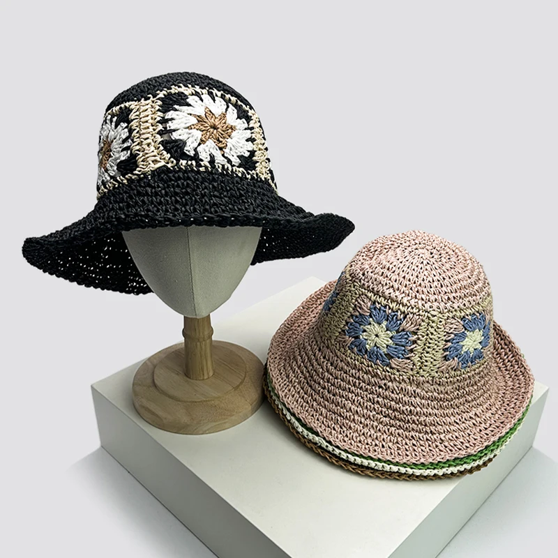 

New Women Korean Flower Niche Bucket Hats Sunshade Outdoor Breathable Casual Versatile Beach Straw Caps Fashion Bohemian ins