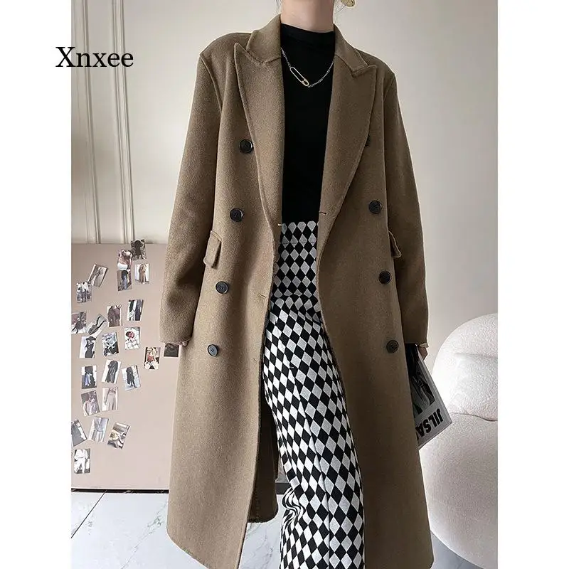 

Double Breasted Woolen Coats New Women's Retro Loose Long Overcoats Winter Warm Full Sleeve Notched Collar Female Windbreaker