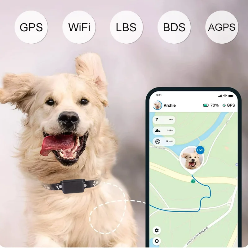 Waterproof Pet GPS Tracker Dog & Cat Locator with Adjustable Collar Dogs Anti Lost Tracker for iOS/Android Remote Global Locator