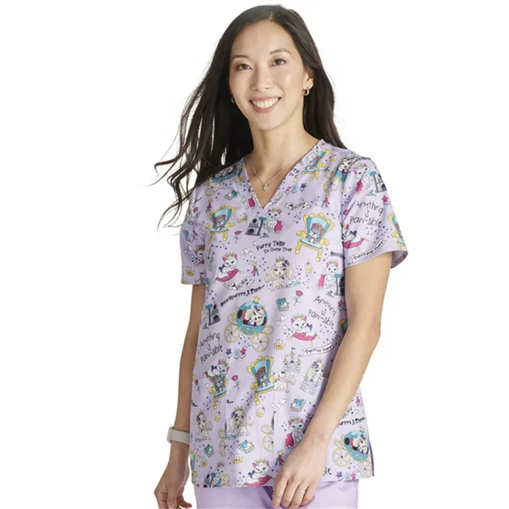 Floral Nursing Scrubs Tops Women Working Uniform Blouse Short Sleeve V-neck Uniform Blusas Nursing Clothes Nurses Tunic Uniform