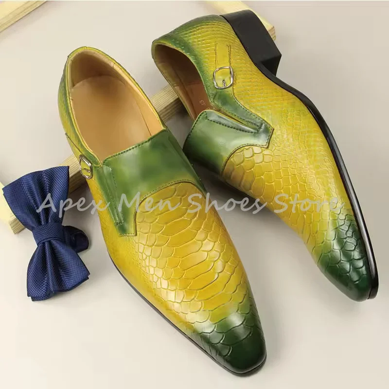 Mocasines de piel de serpiente de diseñador amarillo y verde, zapatos formales de tacón bajo con hebilla degradada y punta estrecha, zapatos Oxford diarios para trabajo