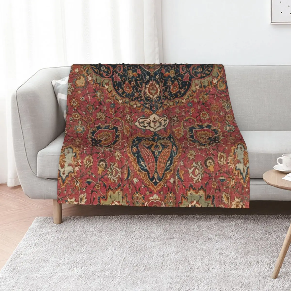 Persian Medallion Rug VIII // 16th Century Distressed Red Green Blue Flowery Colorful Ornate Pattern Throw Blanket
