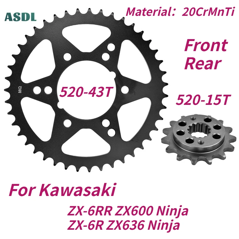 

520 15T 43T Motorcycle Front Rear Sprocket Gear Wheel for Kawasaki ZX-6RR ZX-6R ZX600 ZX636 Ninja G1-G2 ZX6R ZX 6R 1998-2006