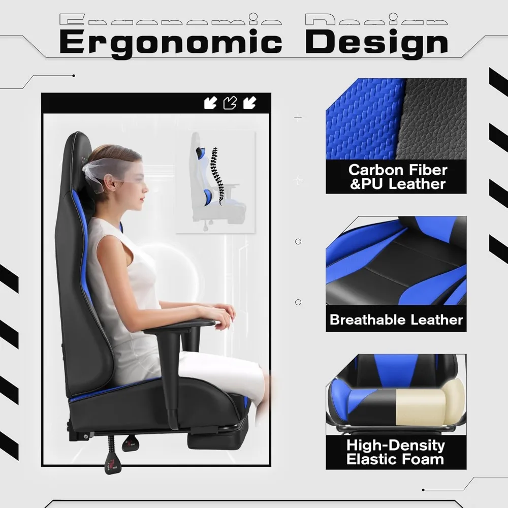 Ergonomischer Gaming-Stuhl mit Fußstütze, Massage-Lendenwirbelstütze, höhenverstellbarer Kopfstütze und Drehgelenk für komfortables Spieles