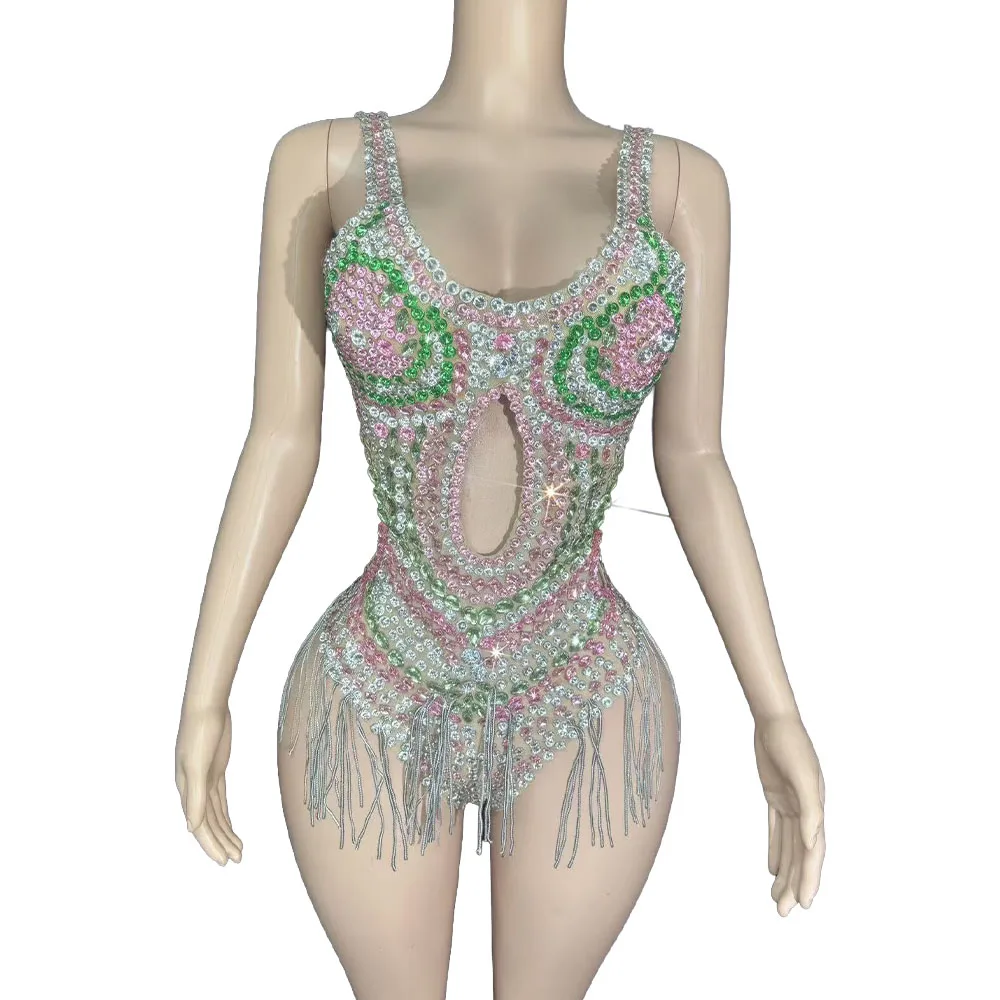 Sparkly Rhinestones Tassels Bodysuit Women Sexy Party Performance Dance Costume Singer Dancer Show Stage Wear Stage Outfit