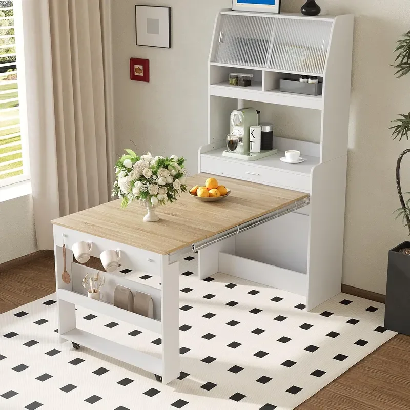 Sideboard Buffet Cabinet with Foldable Dining Table Multifunctional Cupboard with Storage Shelf and Hooks for Small Places
