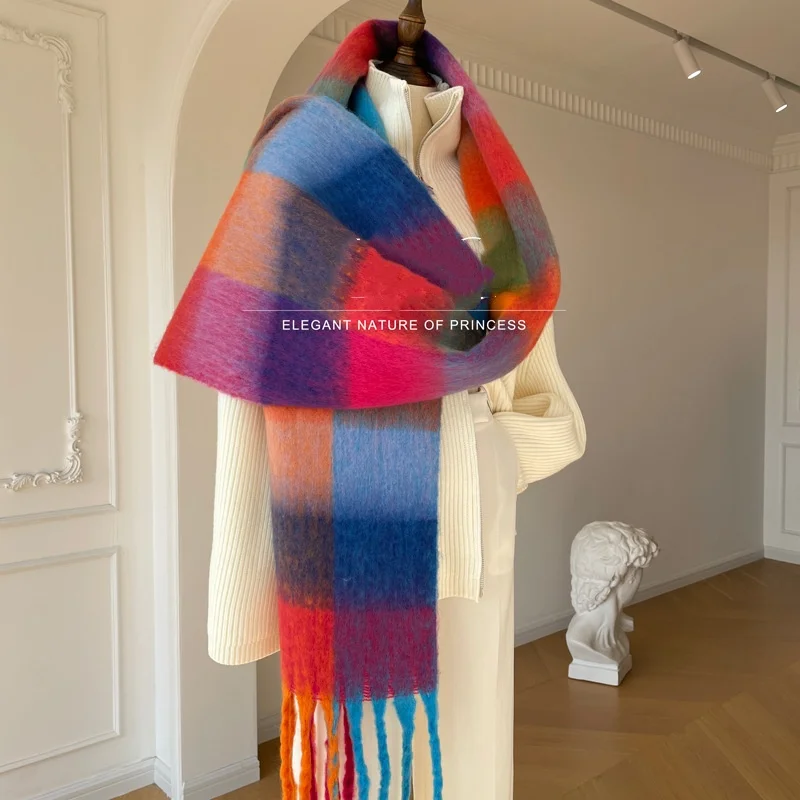 2023 inverno spessa sciarpa calda donna scialle e avvolge in Cashmere Pashmina fazzoletto da collo Bufanda femminile arcobaleno peloso Tessel