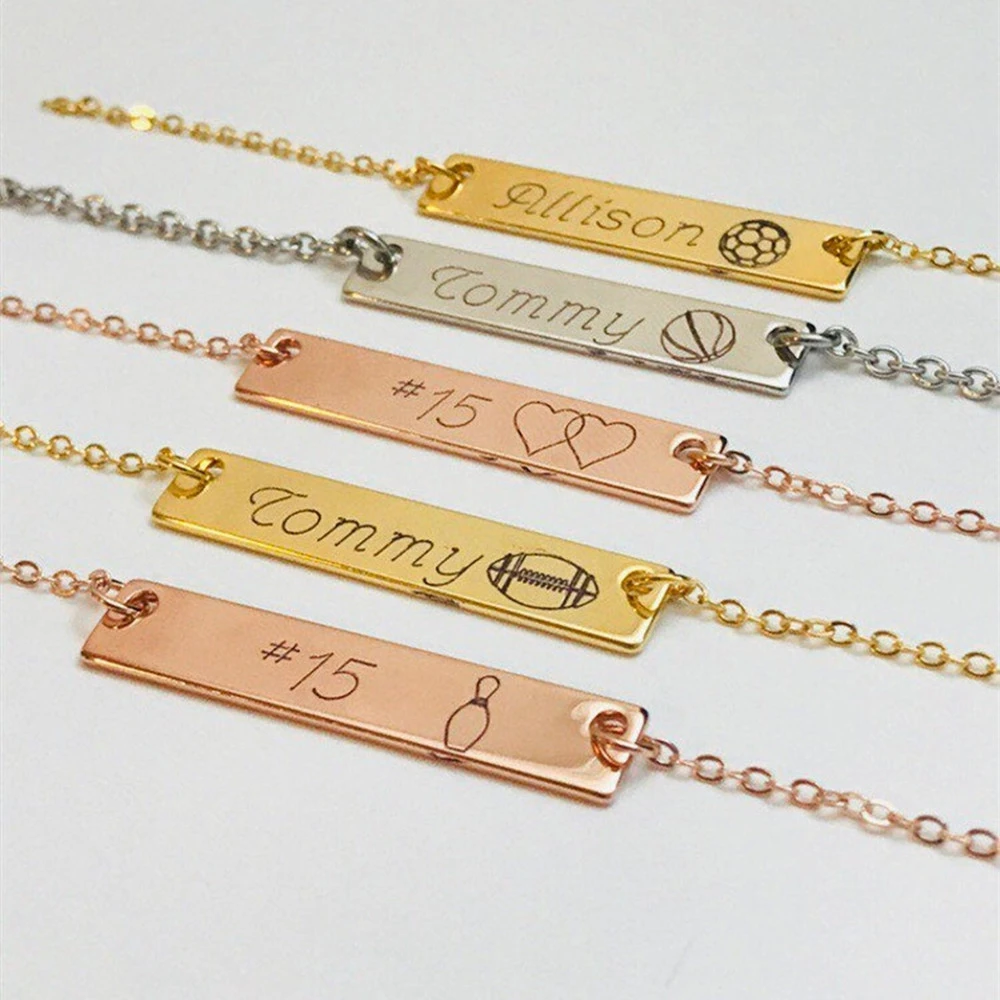 

Custom Personalized Name Bar Pendant Necklace Gold Plated Stainless Steel Engraved Celebrity NamePlate Necklace For Boy