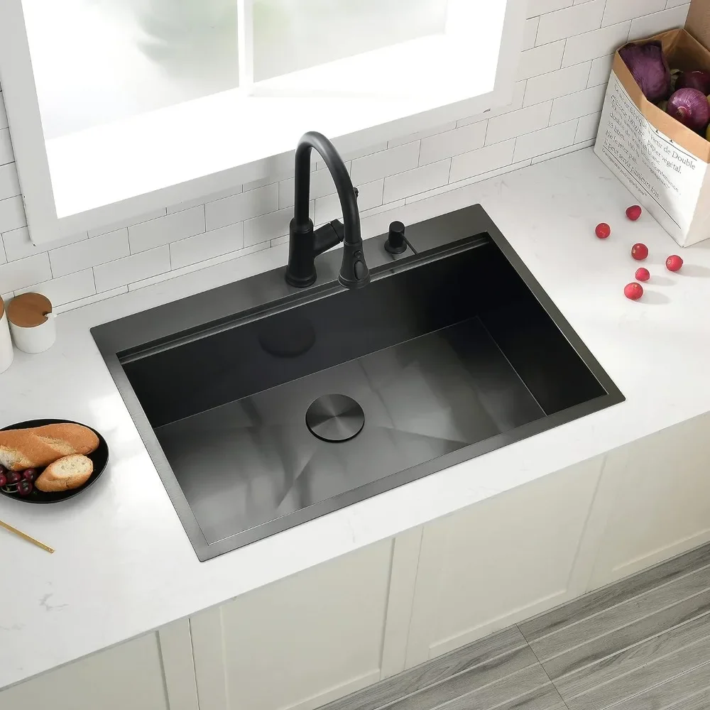 For 33x22 Inch Kitchen Sink,16Gauge Drop in Stainless Steel Sinks, Single Bowl Worksation Black