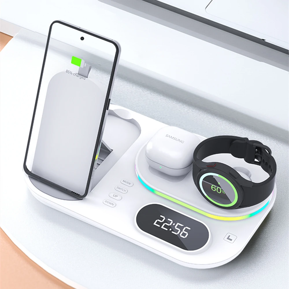 RGB Wireless Charger Dock 4 in 1 Charging Station For Apple Airpods iPhone 13 14 15 Galaxy S23 Ultra Galaxy Watch 6 5 4 3 Buds