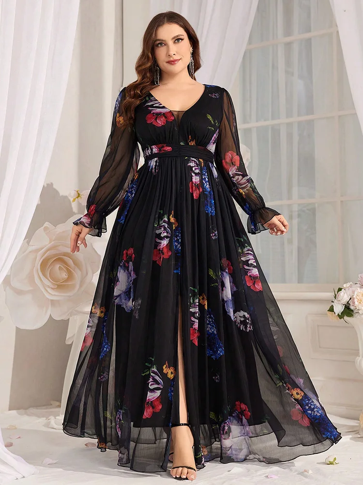 TOLEEN 2024 New in Casual V-Neck Party Long Dresses Spring Summer Plus Size Women\'s Elegant Floral Print Mesh Flare Sleeve Dress