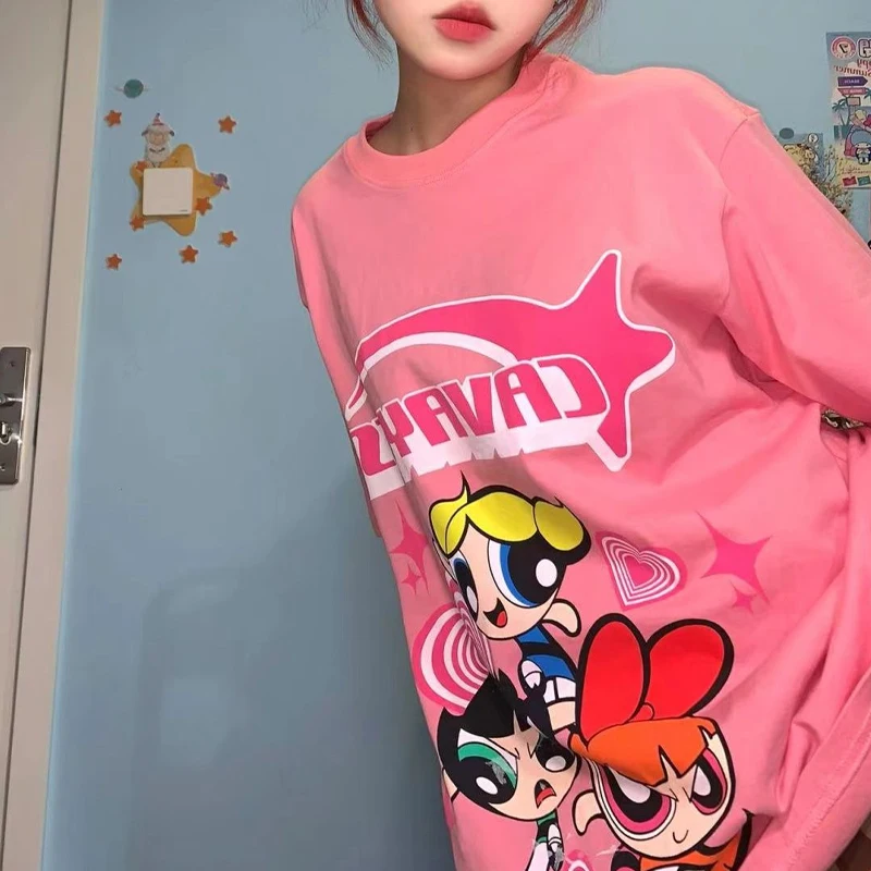 Powerpuff Girls Printed Short-Sleeved T-Shirt Girly Loose Casual Comfortable Versatile Large Size Cotton Right Shoulder Top