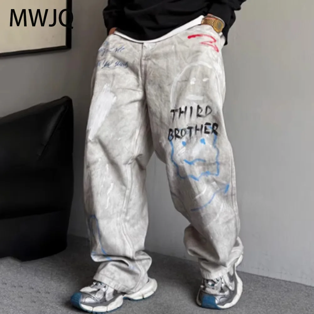 

MWJQ Graffiti Distress Retro Male Jeans High Street Spring New American Loose Wide Leg Pants Casual Men Trend Bottom 010318