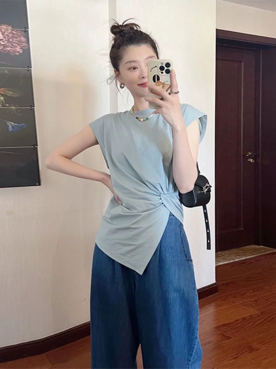 

Женская футболка Blue Svel round Ne с асимметричным узлом, лето 2023, новый утягивающий топ из смеси хлопка и спандекса