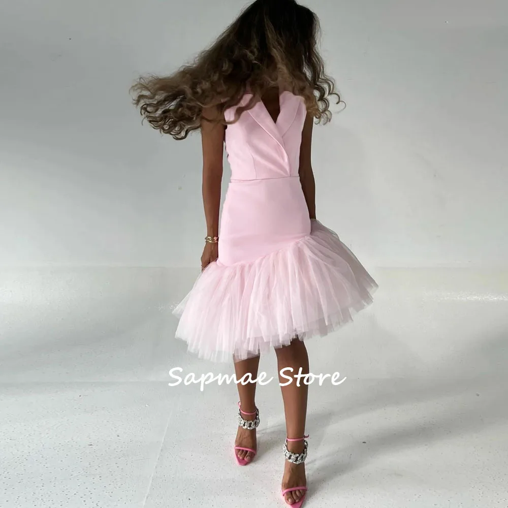 

Sapmae Customized Pink Sleeveless Crepe Formal Evening Dresses V-Neck Knee-Length Prom Dresses Tulle Mermiad Party Dress