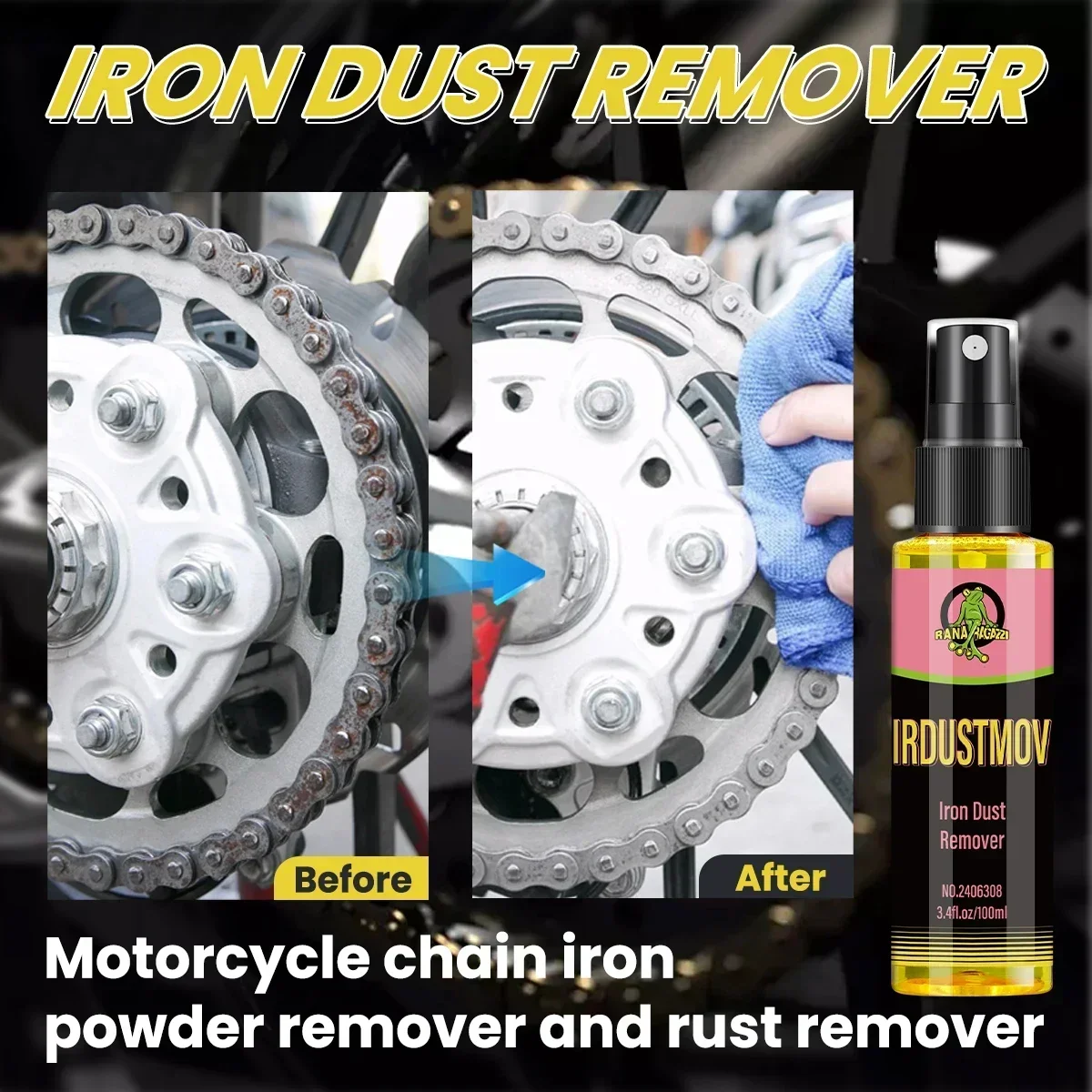 Iron Dust Remover Motorcycle Chain Iron Powder Remover Rust Remover Supplies Cleaner Oxide Layer Cleaner Spray Irdustmov RG308