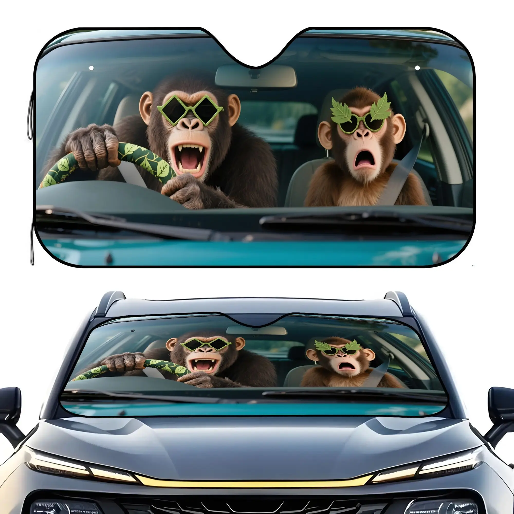 

Two Monkeys Driving Car 1pc Fit Portable Car Sunshade Front Window Thermal Windshield Protector