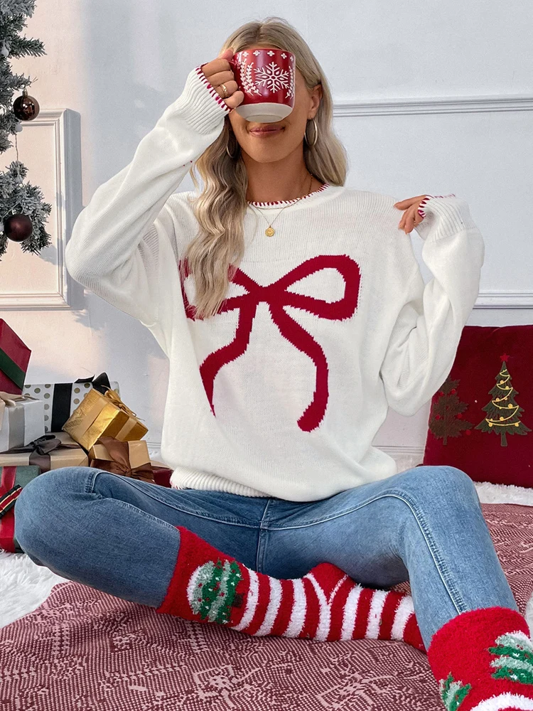 

New Autumn Winter Casual Sweet Loose Long Sleeved Round Neck Christmas Women's Pullover Sweater, Bow Hook Flower Knitted Top