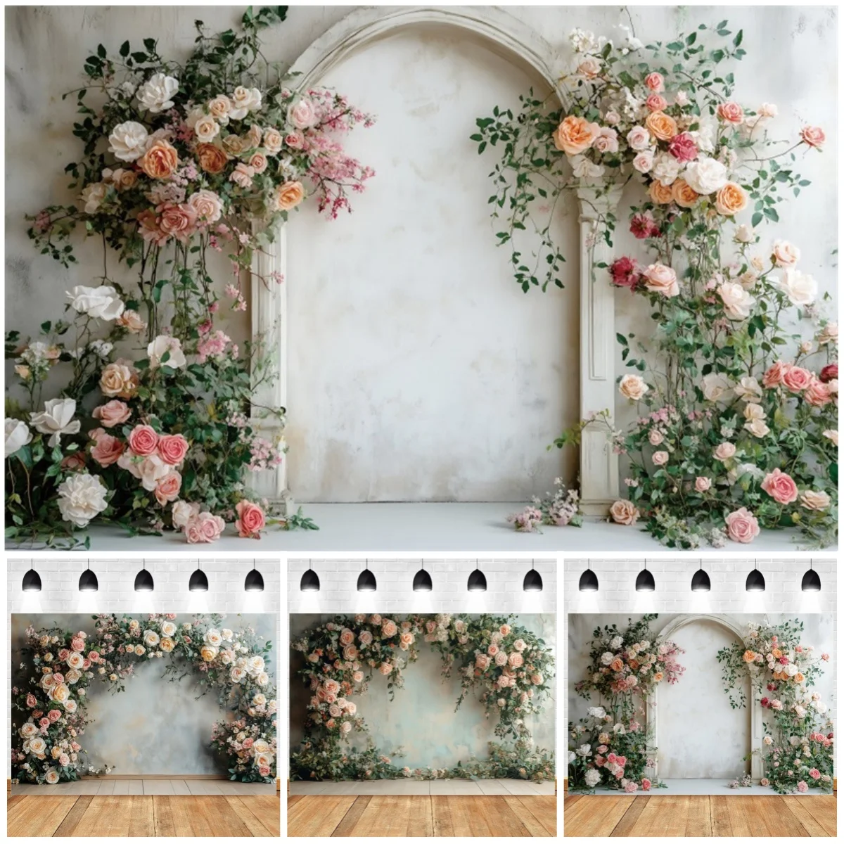 Vintage Floral Arch Photography Backdrops Pastel Rose Greenery Stone Wall Wedding Engagement Romantic Party Portrait Backgrounds