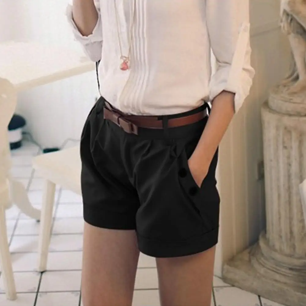 Women Summer Shorts Solid Color Straight Button Decor Daily Wear Shorts High Waist Casual Women Short Pants Female Clothes